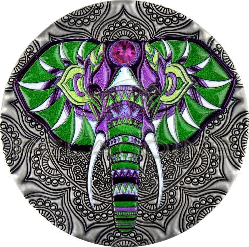 Niue Island 2019 5$ Elephant - Mandala Art 2oz