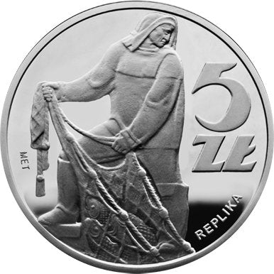 Srebrna replika monety Rybak o nominale 5 zł z 1958 r.