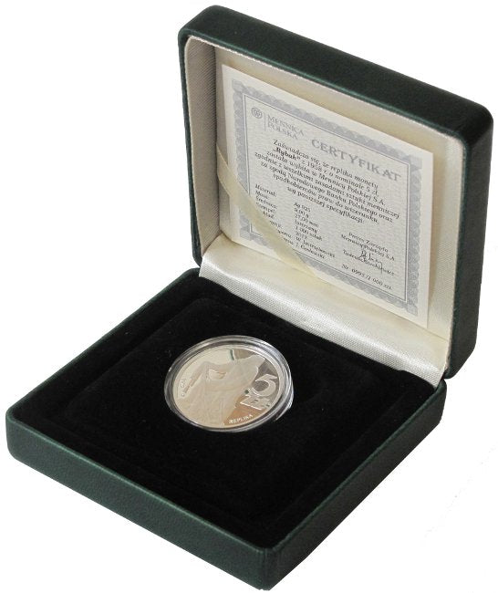 Srebrna replika monety Rybak o nominale 5 zł z 1958 r.